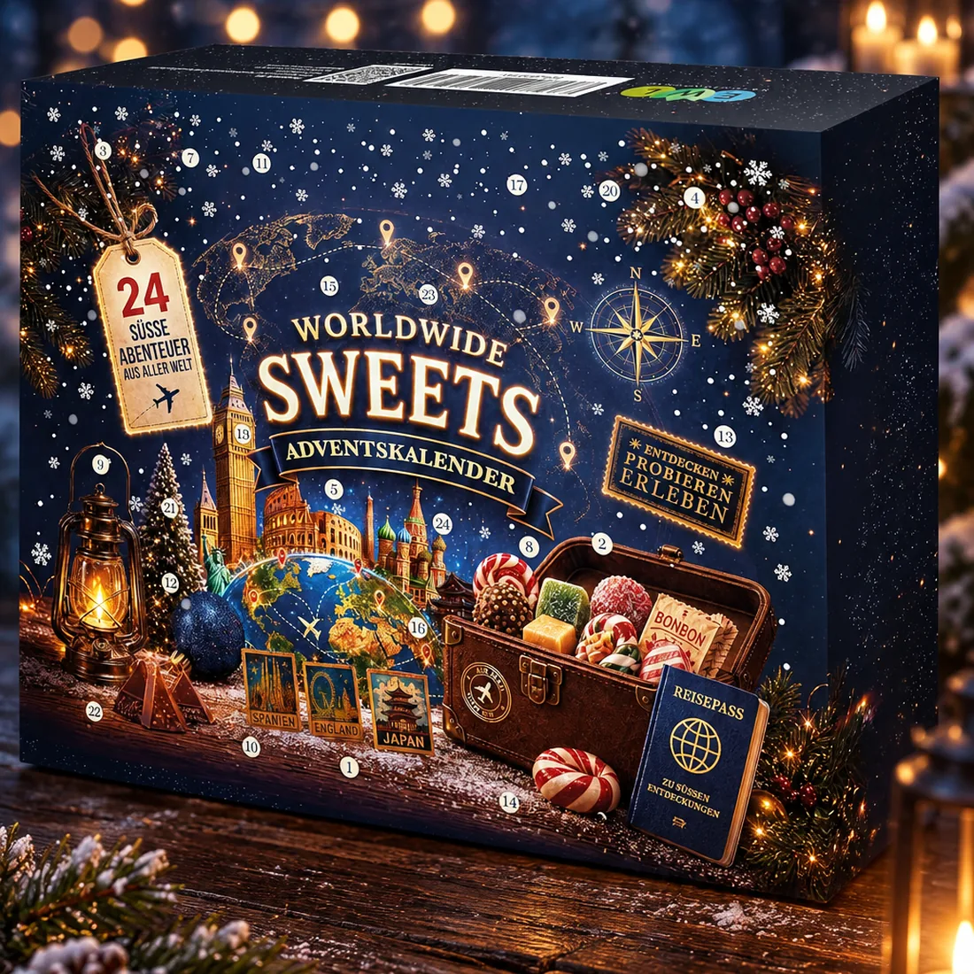 Der Worldwide Sweets Adventskalender 2026: mitternachtsblaue Box mit goldenem Schriftzug, Weltkarte, Kompassrose und Lichterkette