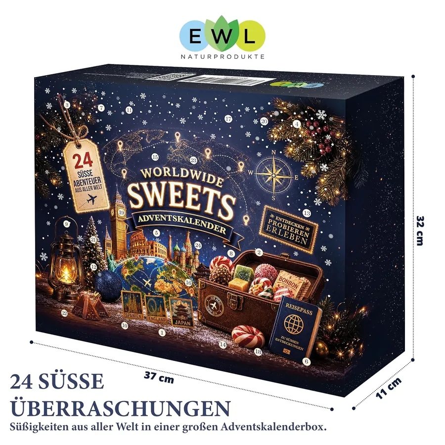 Der Worldwide Sweets Adventskalender 2026 mit den Maßangaben 37 × 32 × 11 Zentimeter