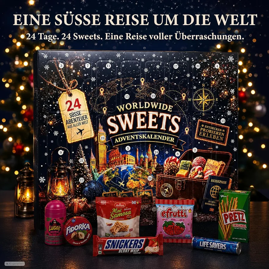 Der Adventskalender in weihnachtlicher Szene, davor einzelne Süßigkeiten