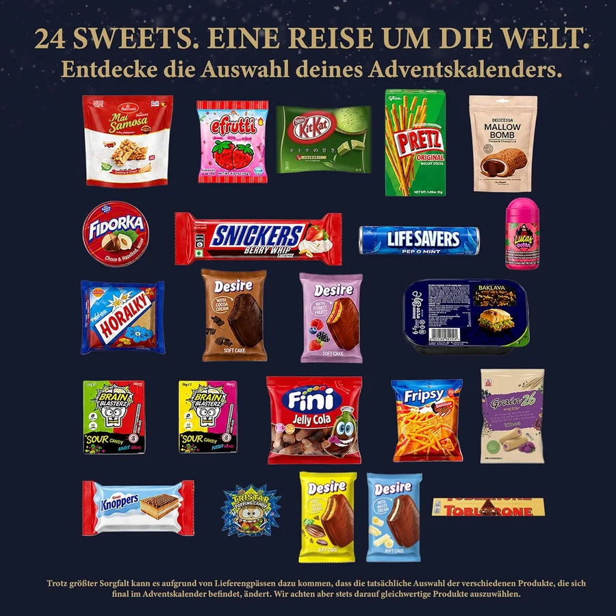 Übersicht der im Kalender enthaltenen Süßigkeiten und Snacks – anklicken zum Vergrößern