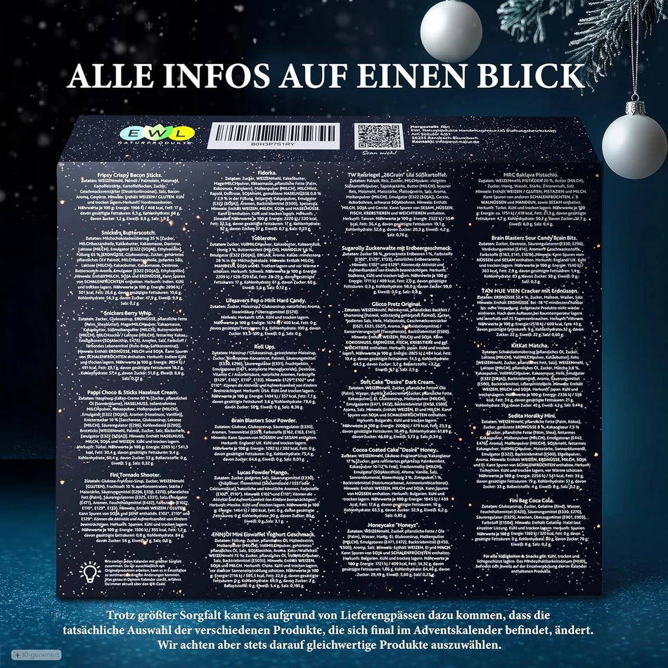 Rückseite des Kartons mit dem vollständigen Zutatenverzeichnis aller enthaltenen Artikel