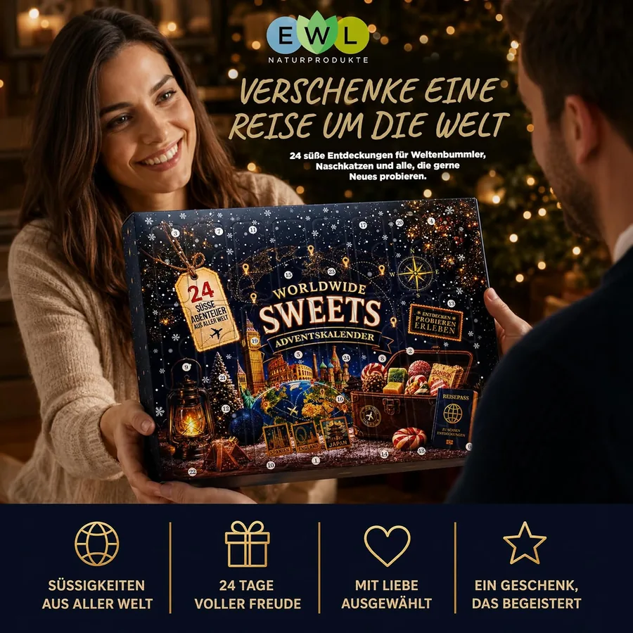 Zwei Personen mit dem Adventskalender, dazu vier Produktmerkmale