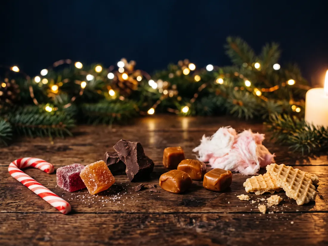 Einzelne Süßwaren auf dunklem Holz: Zuckerstab, Fruchtgelee, Schokolade, Karamell, Zuckerwatte und Waffel, im Hintergrund eine Lichterkette