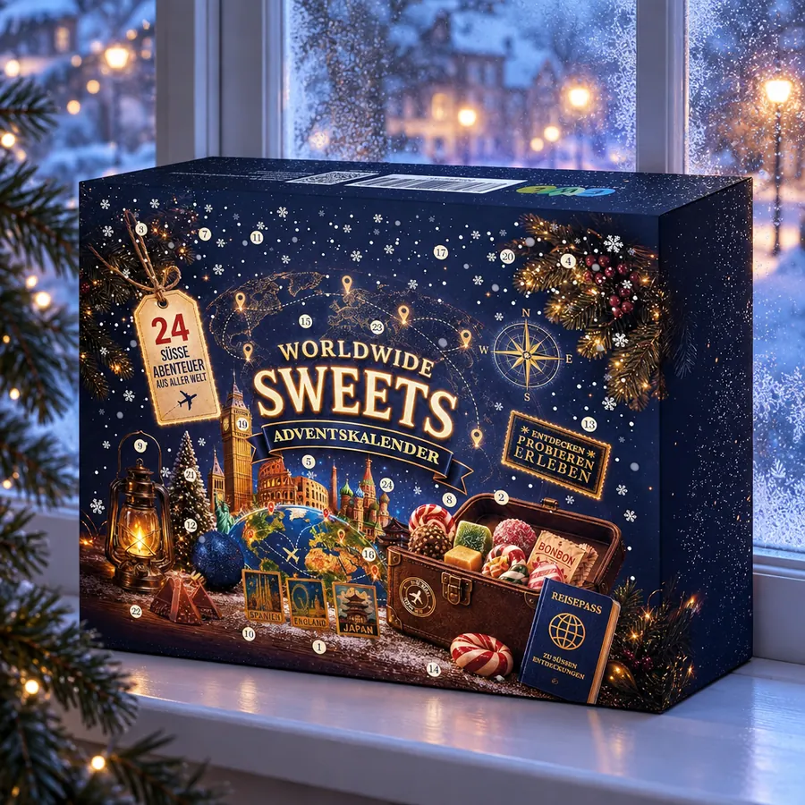 Der Adventskalender auf einer Fensterbank vor einer beschlagenen Sprossenscheibe