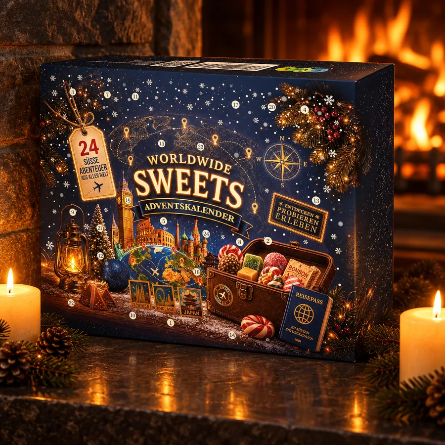 Der Adventskalender auf einem Kaminsims zwischen brennenden Stumpenkerzen
