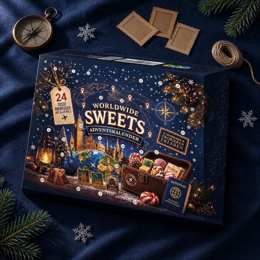 Der Adventskalender flach auf dunkelblauem Leinen, daneben ein Messingkompass
