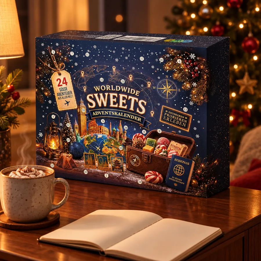 Der Adventskalender auf einem Sideboard, davor eine Tasse Kakao