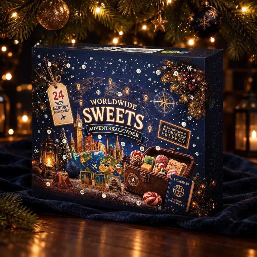 Der Adventskalender unter einem geschmückten Tannenbaum