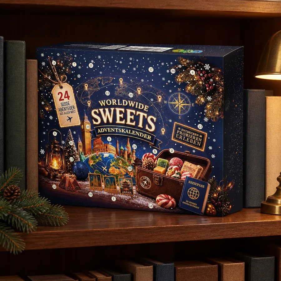 Der Adventskalender in einem Bücherregal aus dunklem Holz